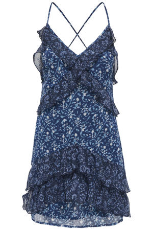 gebloemde jurk met ruches - blauw