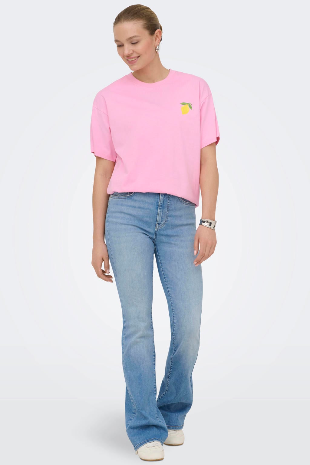 Roze, geel en blauwe dames ONLY T-shirt van katoen met backprint, korte mouwen en ronde hals