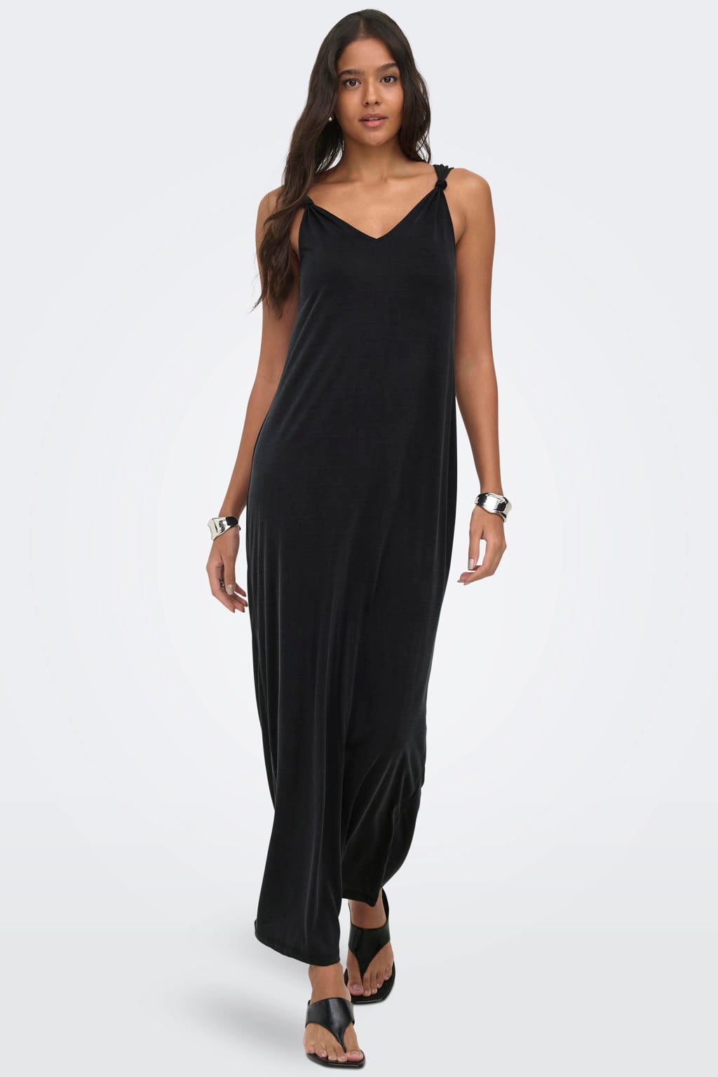 Zwarte dames ONLY maxi jurk van modal met effen en V-hals