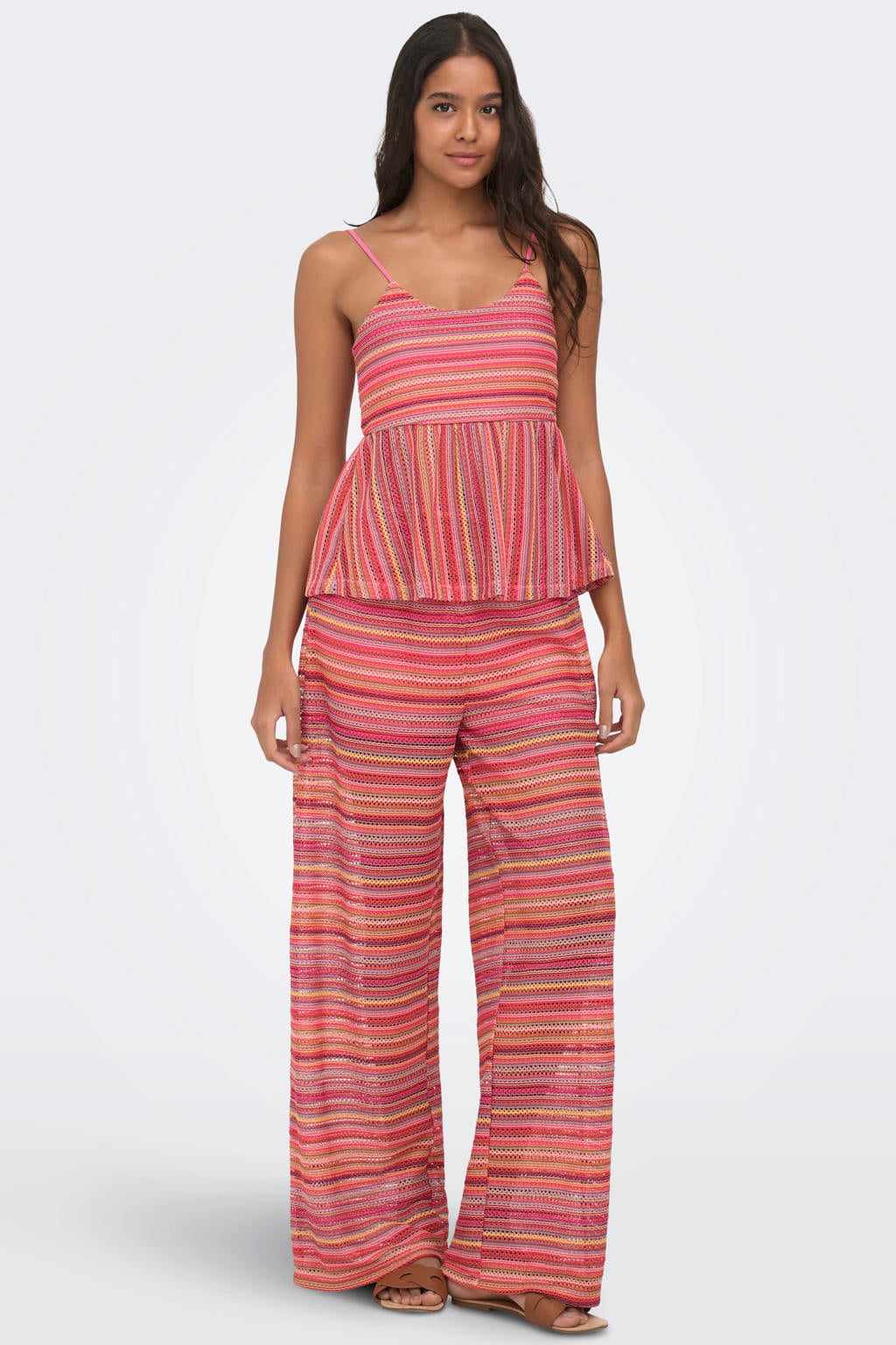 Roze dames ONLY gestreepte top van polyester met ronde hals