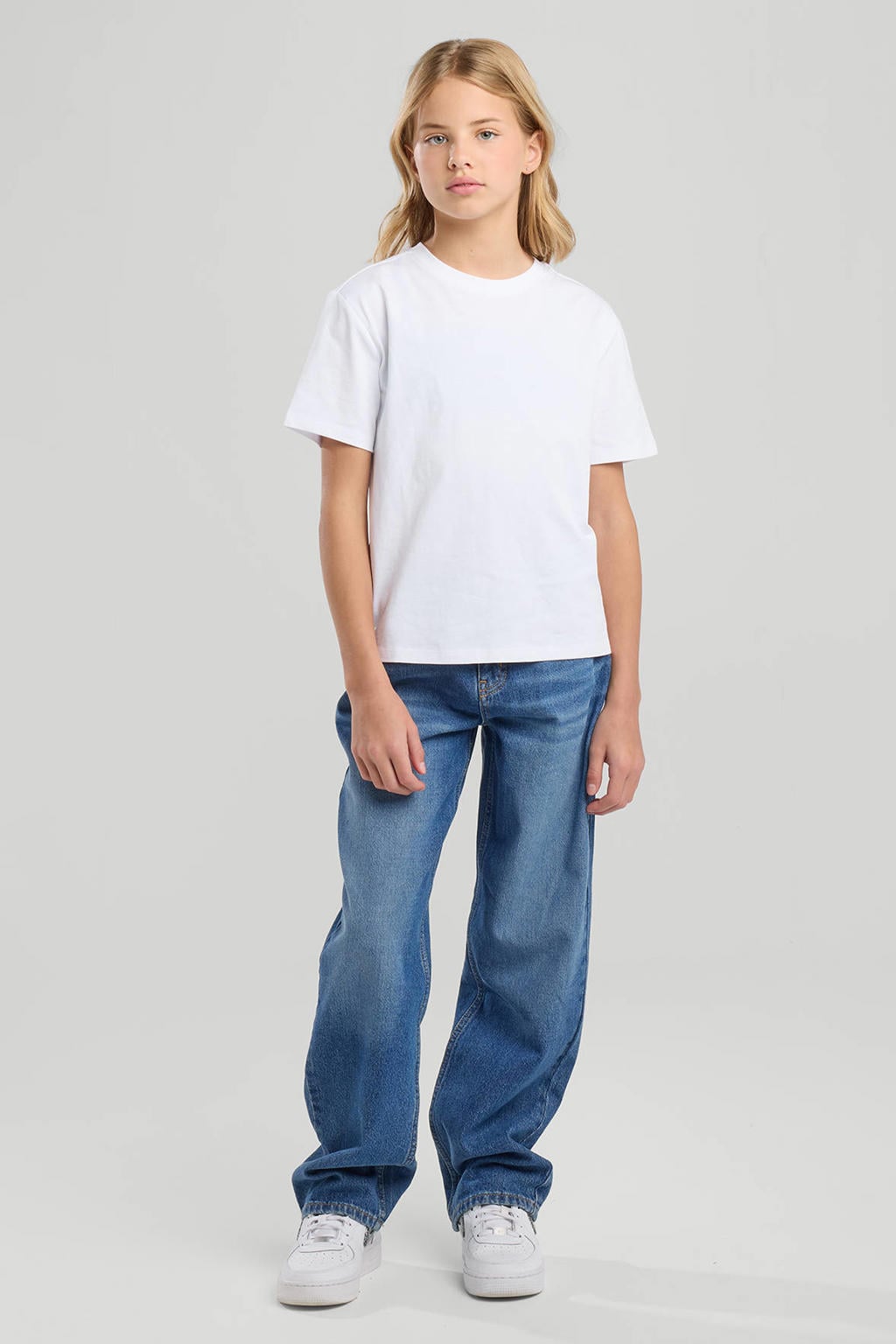 Witte meisjes America Today T-shirt van katoen met effen, korte mouwen en ronde hals