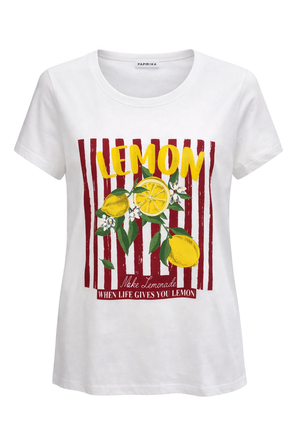 Ecru, rood en gele dames Paprika T-shirt van katoen met printopdruk, korte mouwen en ronde hals
