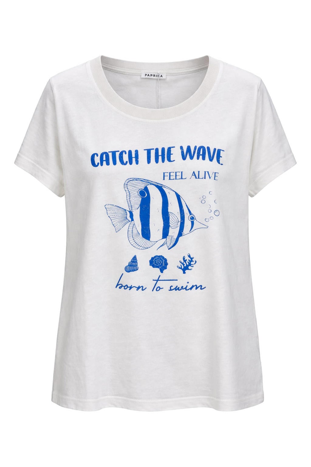 Ecru en blauwe dames Paprika T-shirt van katoen met printopdruk, korte mouwen en ronde hals