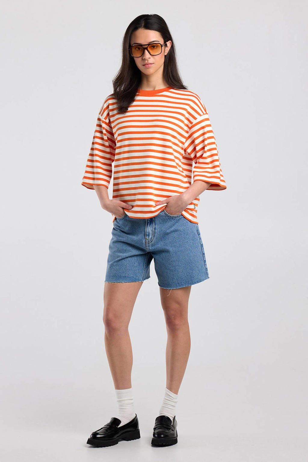 Oranje dames America Today gestreepte T-shirt van katoen met korte mouwen en ronde hals
