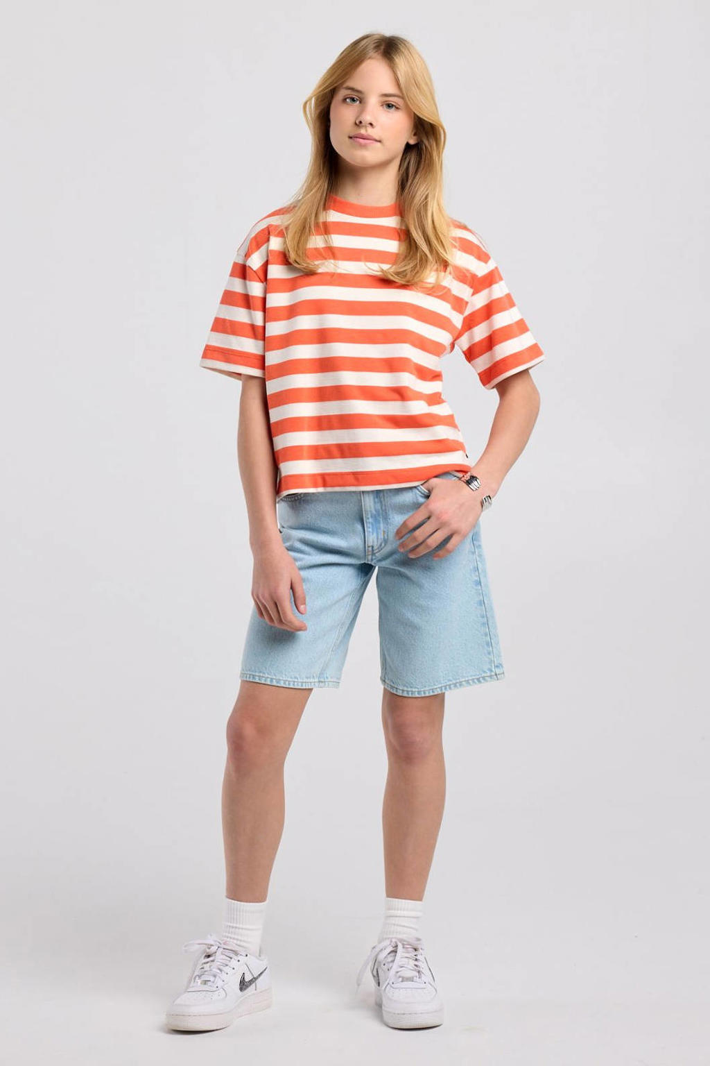 Oranje meisjes America Today gestreept T-shirt van katoen met korte mouwen en ronde hals