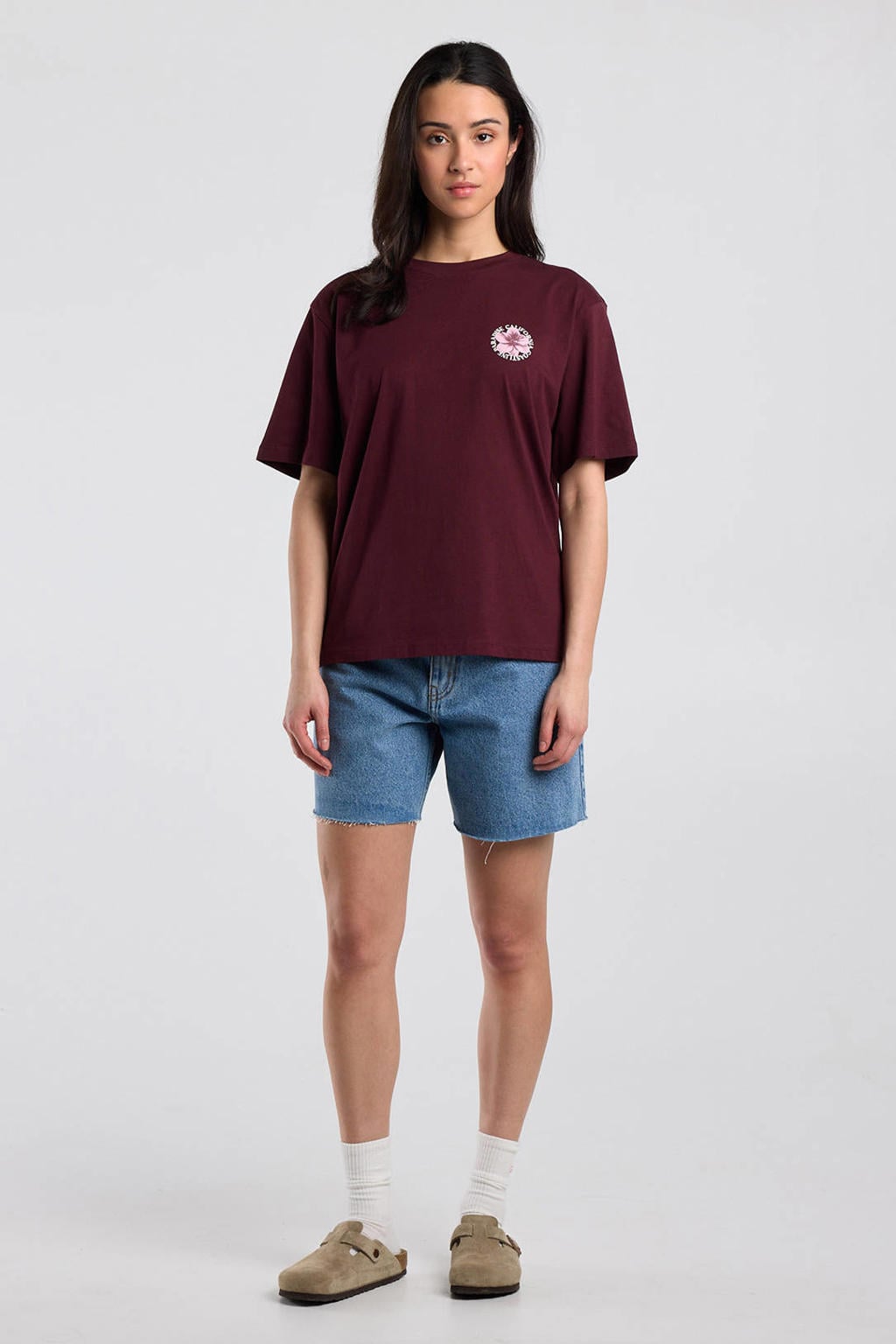 Donkerrode dames America Today T-shirt van katoen met backprint, korte mouwen en ronde hals