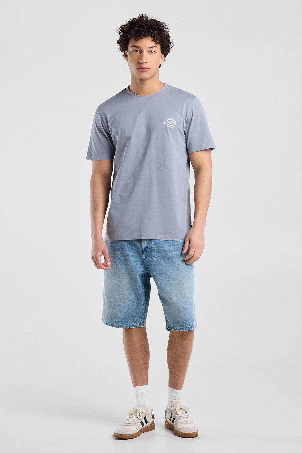 Grijze heren America Today regular T-shirt van katoen met backprint, korte mouwen en ronde hals