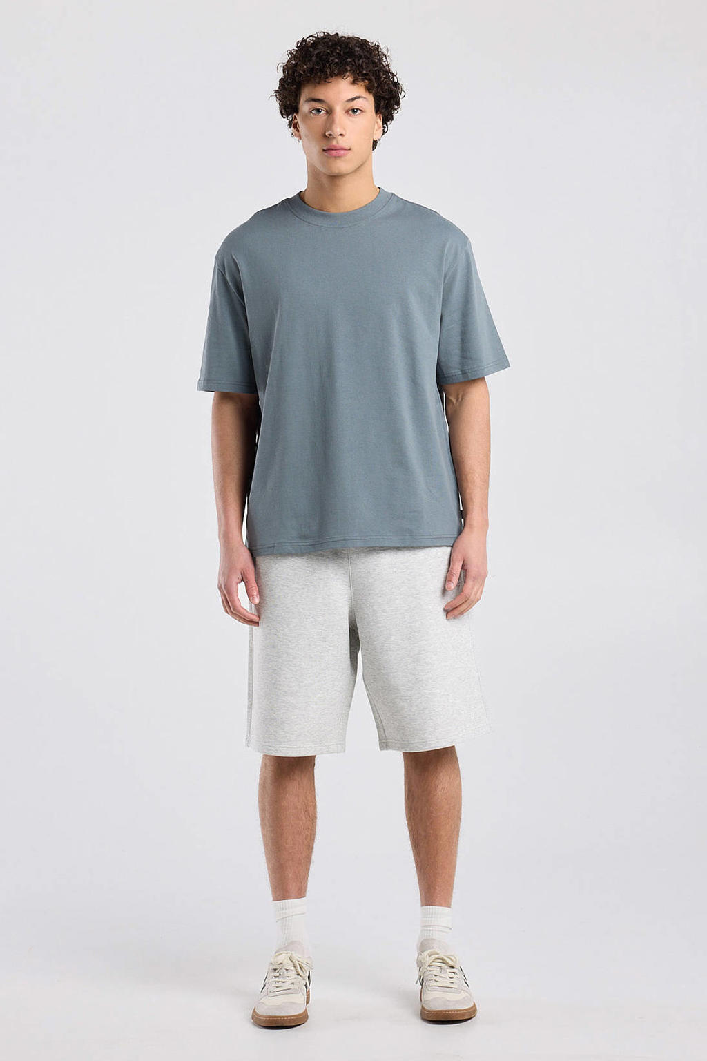 Grijze heren America Today regular T-shirt van katoen met effen, korte mouwen en ronde hals