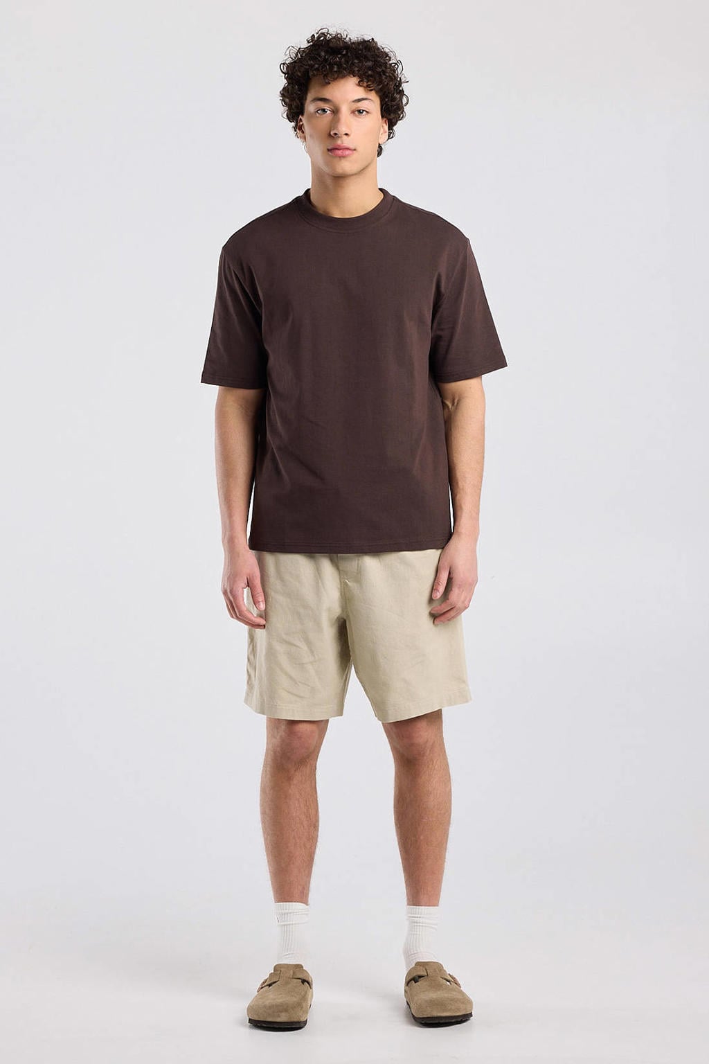 Bruine heren America Today regular T-shirt van katoen met effen, korte mouwen en ronde hals