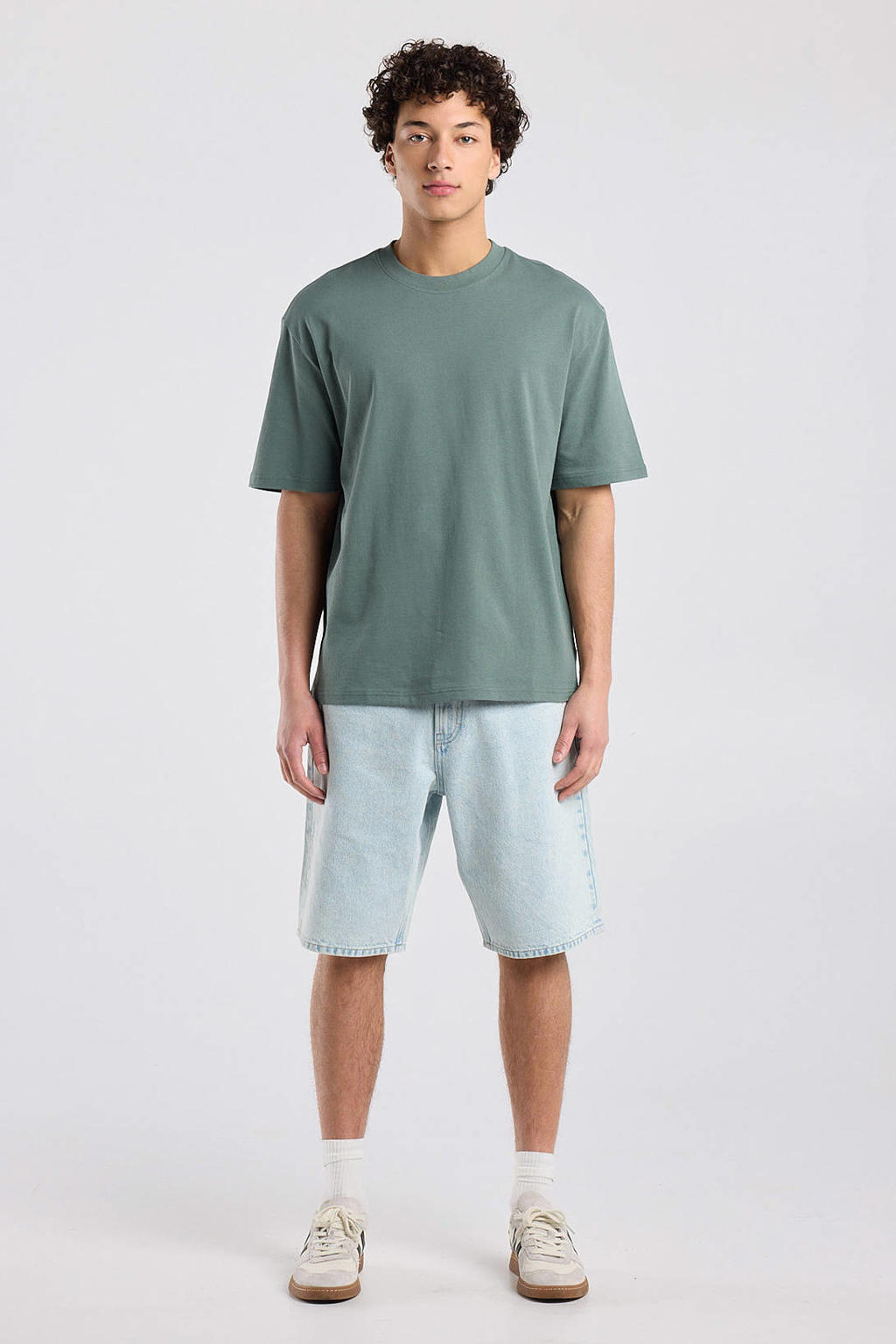 Grijsgroene heren America Today regular T-shirt groen van katoen met effen en korte mouwen