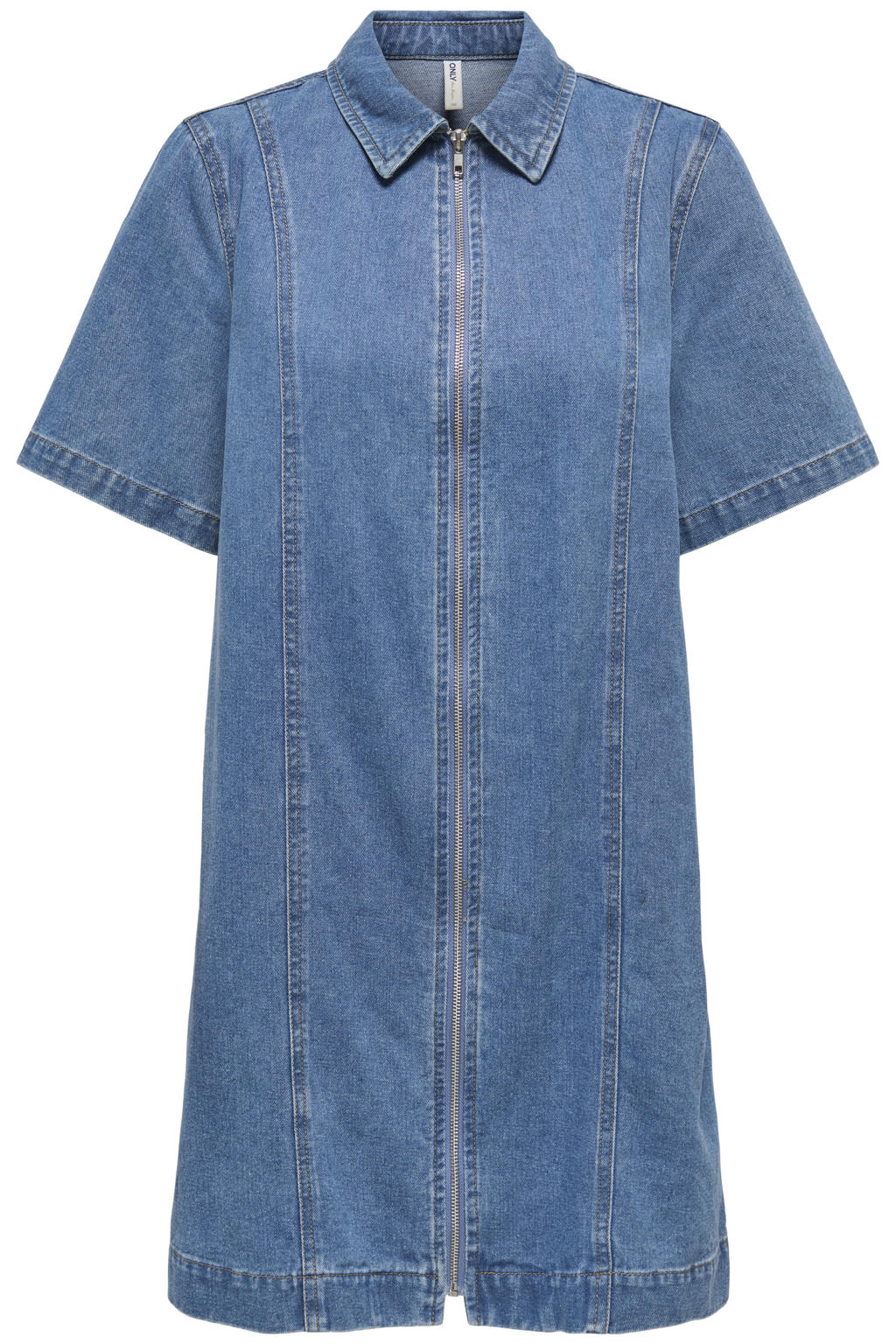 Medium blue denim dames ONLY spijkerjurk gebreid van katoen met effen, korte mouwen en button down sluiting