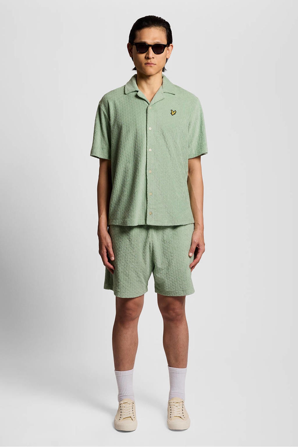 Groene heren Lyle & Scott badstof relaxed casual overhemd met effen, korte mouwen, reverskraag en knoopsluiting