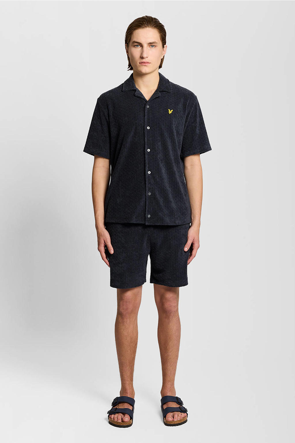Donkerblauwe heren Lyle & Scott badstof relaxed casual overhemd met effen, korte mouwen, reverskraag en knoopsluiting