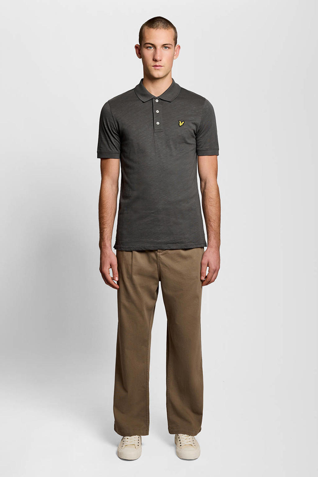 Grijze heren Lyle & Scott regular polo van katoen met melée print, korte mouwen en knoopsluiting