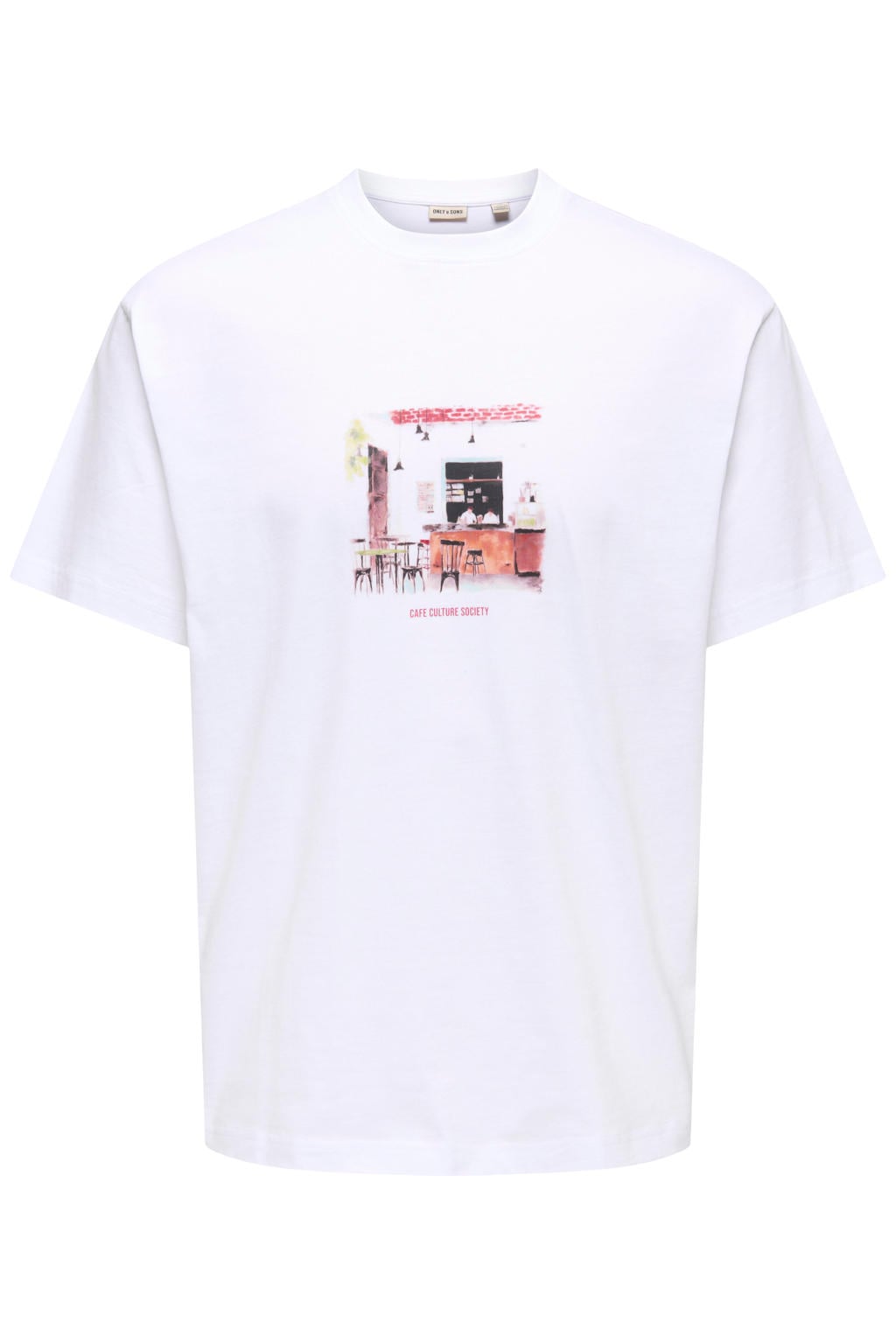 Witte heren ONLY & SONS relaxed T-shirt van katoen met backprint, korte mouwen en ronde hals