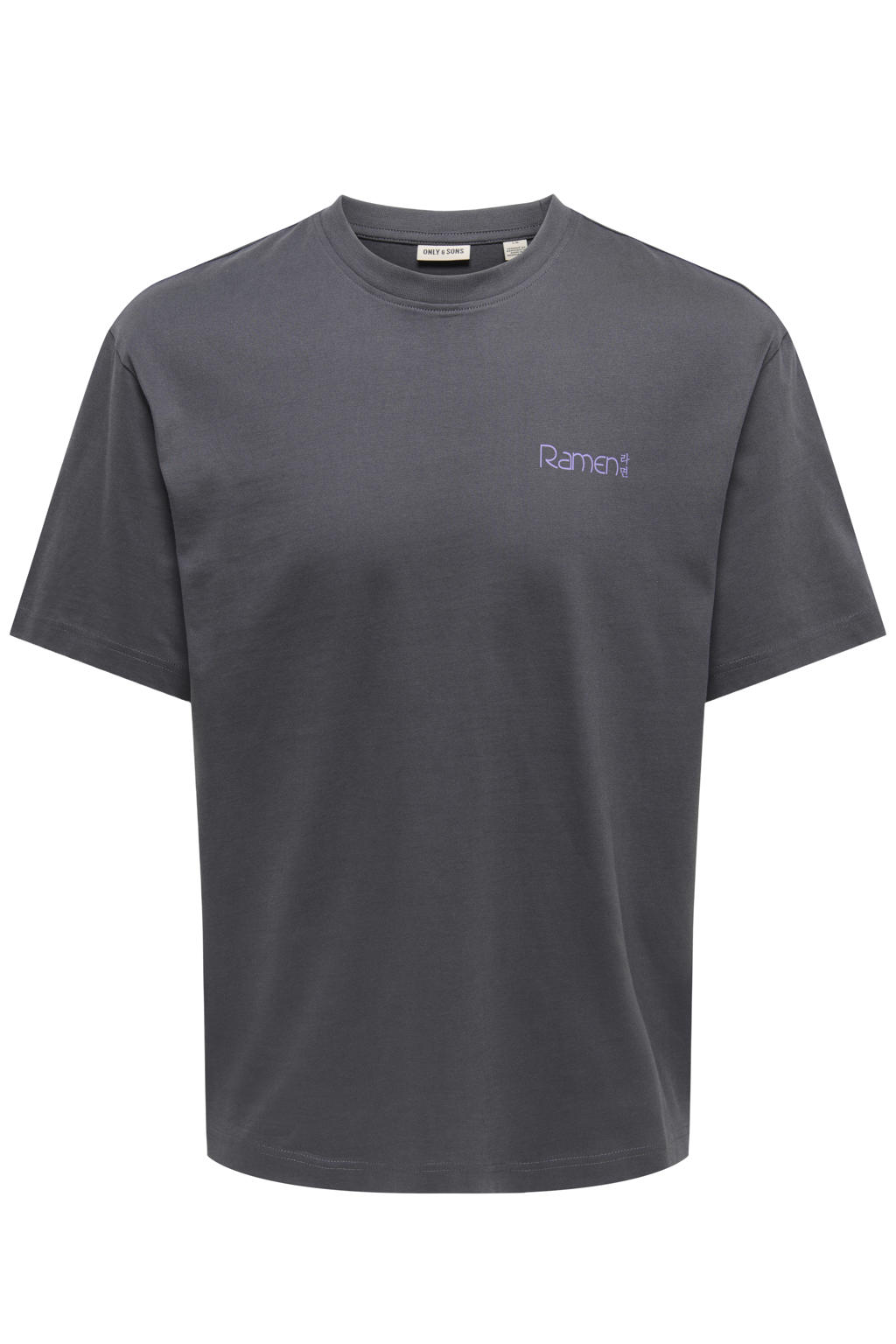 Antraciete heren ONLY & SONS relaxed T-shirt van katoen met backprint, korte mouwen en ronde hals