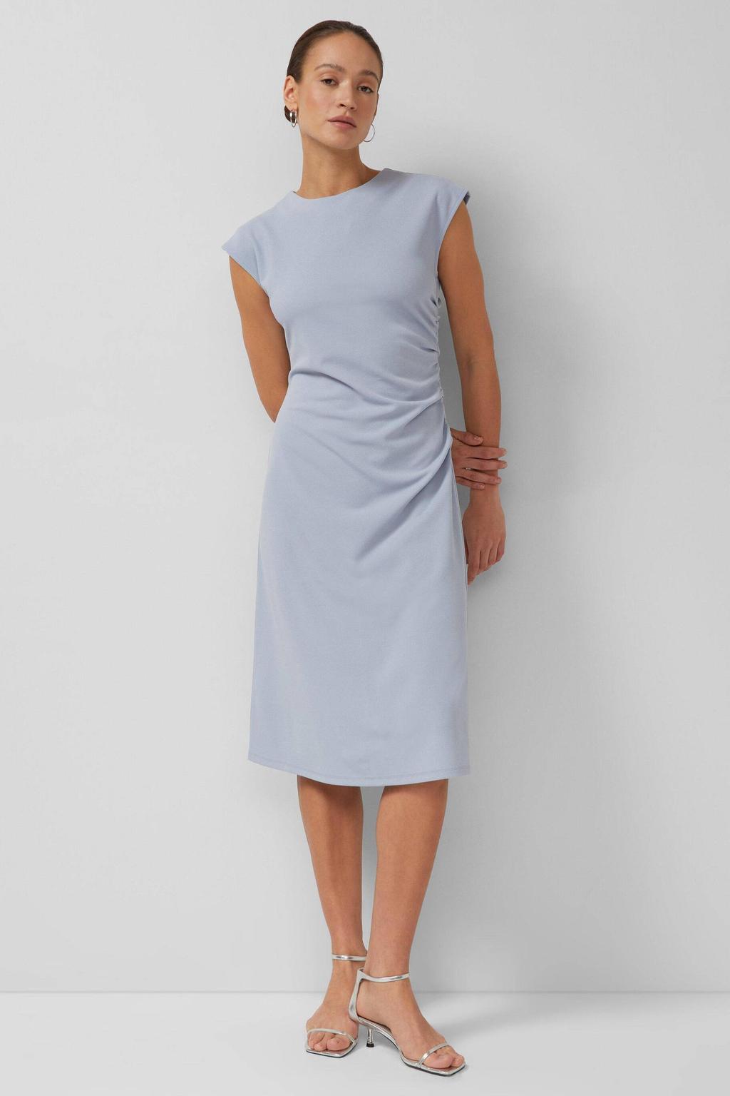 Lichtblauwe dames s.Oliver BLACK LABEL midi jurk van polyester met effen en ronde hals