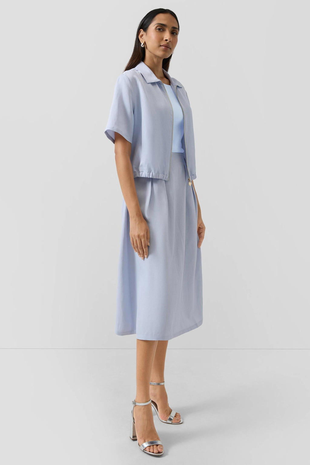 Lichtblauwe dames s.Oliver BLACK LABEL top van viscose met effen, ronde hals en plooien