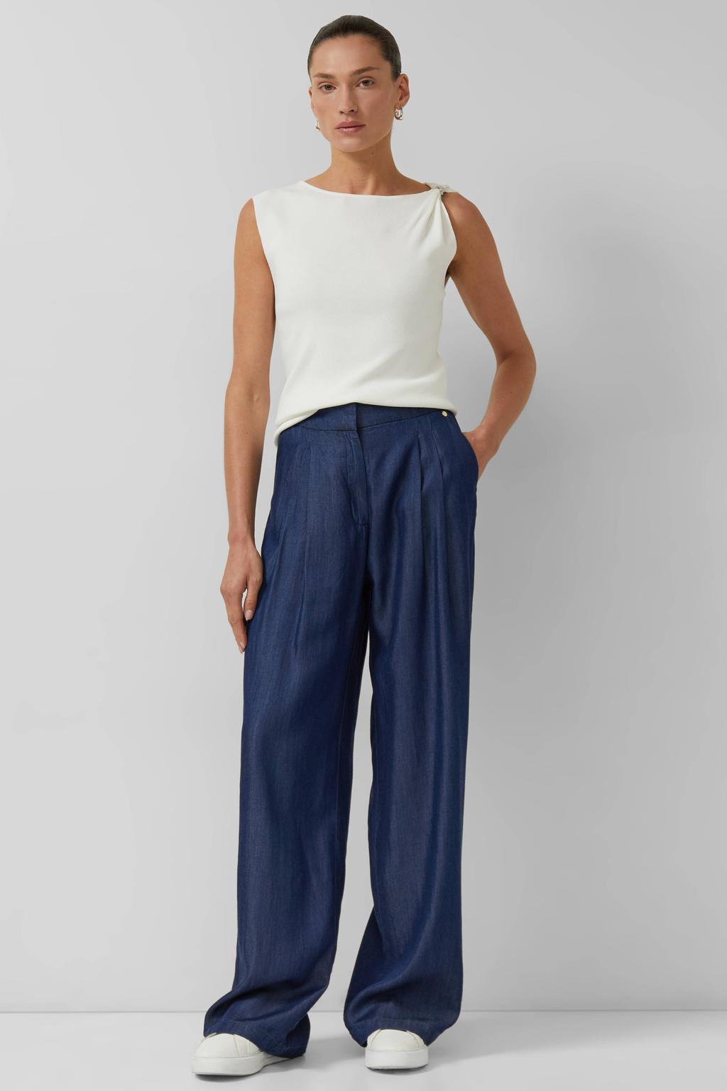 Marineblauw dames s.Oliver BLACK LABEL wide leg high waist broek blauw van viscose met rits- en haaksluiting en effen