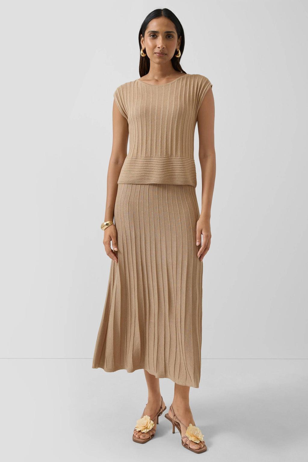 Beige dames s.Oliver BLACK LABEL midi jurk van viscose met effen, ronde hals en glitters
