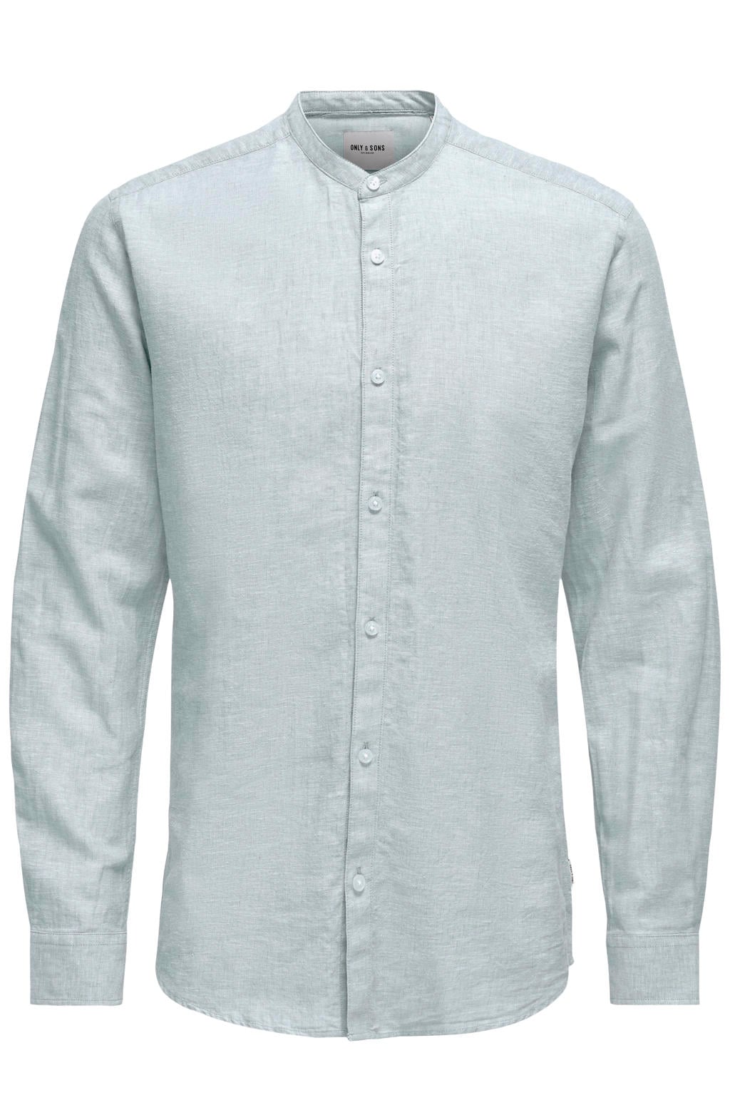 Lichtblauwe heren ONLY & SONS slim casual overhemd van katoenlinnen met melée print, lange mouwen, mao kraag en geweven detail