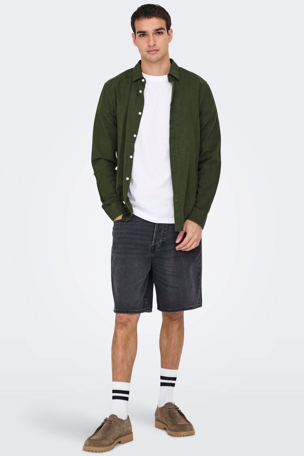 Donkergroene heren ONLY & SONS slim casual overhemd met effen, lange mouwen en klassieke kraag