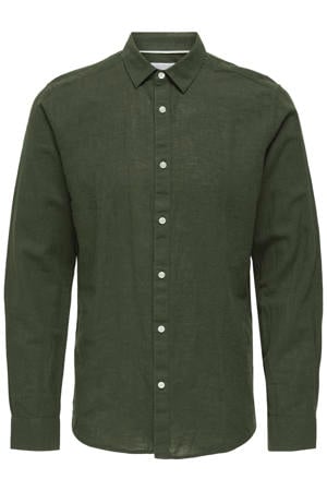 slim casual overhemd met linnen donkergroen