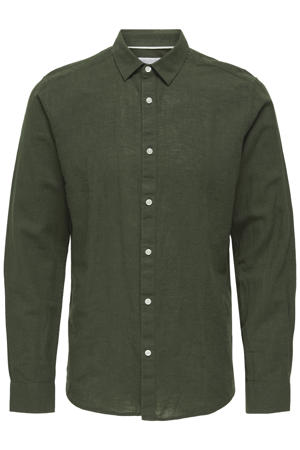 slim casual overhemd met linnen donkergroen