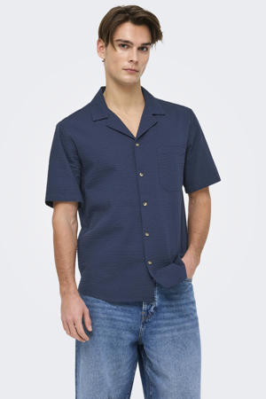 relaxed casual seersucker overhemd donkerblauw