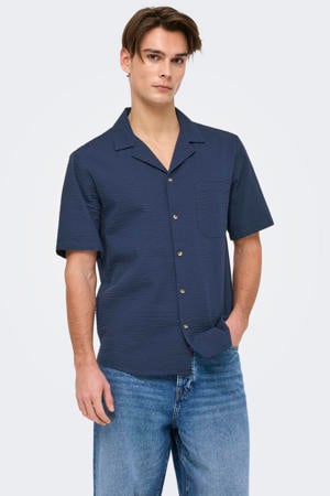 relaxed casual seersucker overhemd donkerblauw