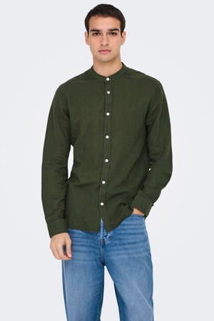 slim casual overhemd met linnen donkergroen