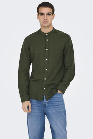 slim casual overhemd met linnen donkergroen