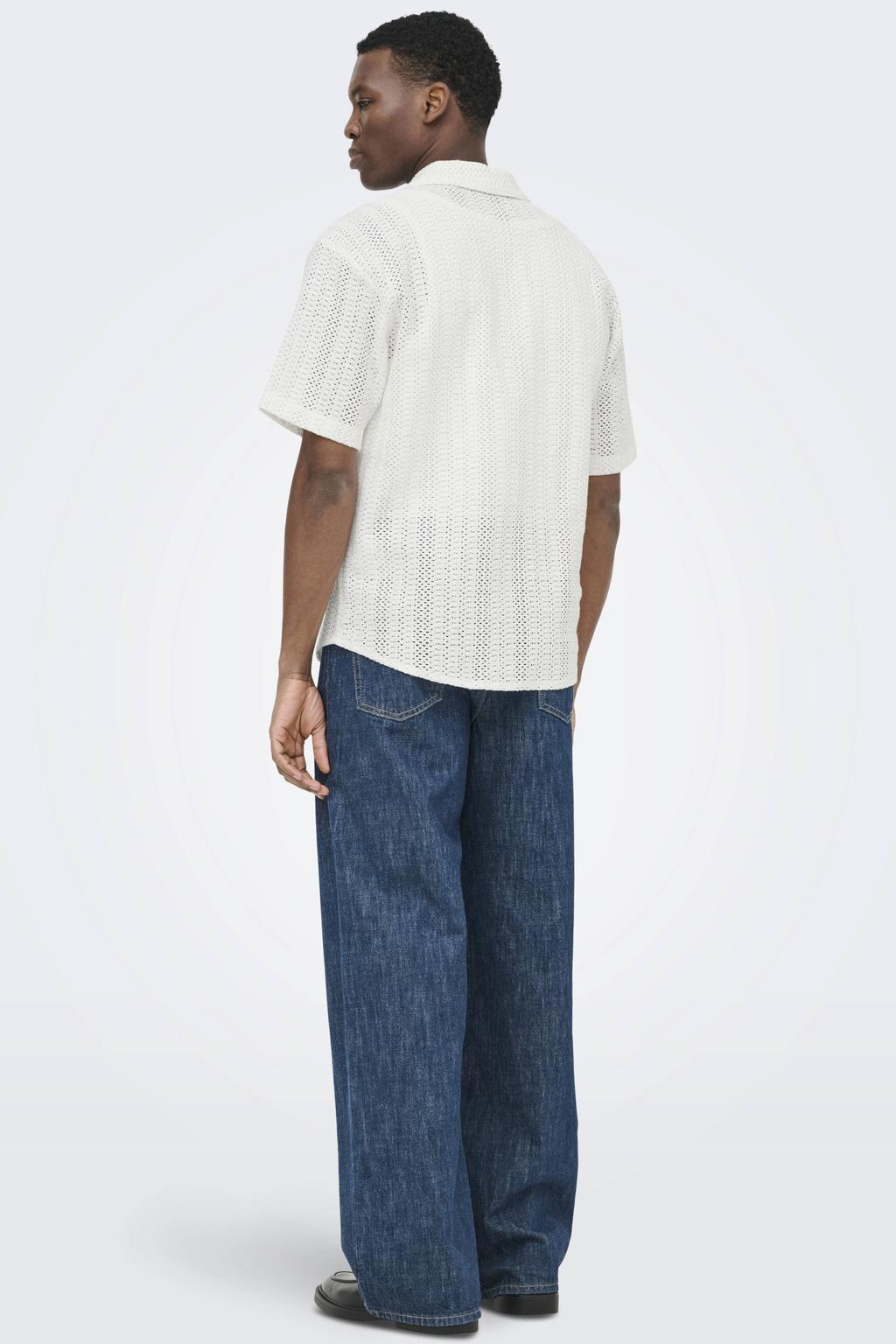 Ecru heren ONLY & SONS regular casual overhemd gebreid van katoen met effen, korte mouwen, reverskraag en knoopsluiting