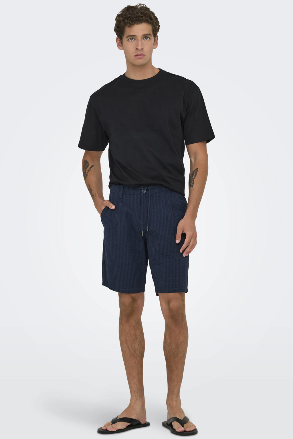 ONLY & SONS ONSLEO regular seersucker short donkerblauw