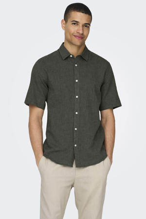 slim casual overhemd met linnen donkergroen