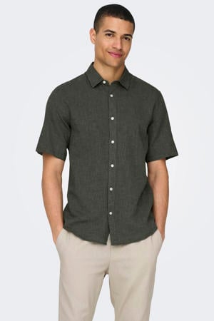 slim casual overhemd met linnen donkergroen