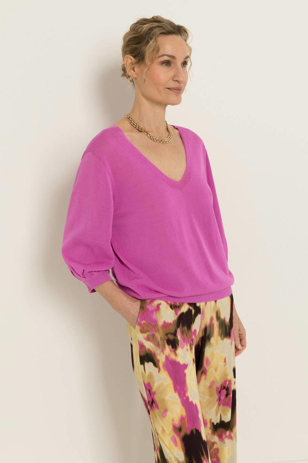 Roze dames CLAUDIA BY CLAUDIA STRÄTER gebreide trui van katoen met effen, lange mouwen en V-hals