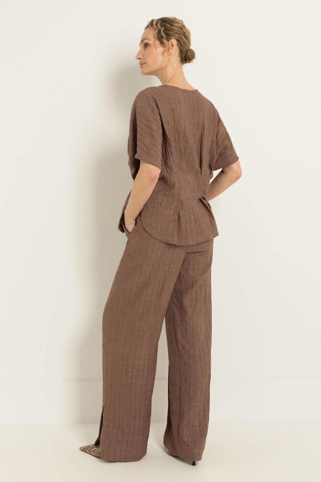 Bruine dames CLAUDIA BY CLAUDIA STRÄTER top van polyester met effen, korte mouwen, ronde hals en plooien