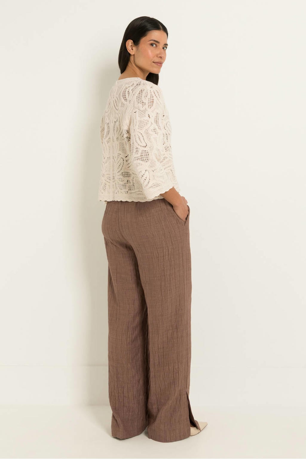 Beige dames CLAUDIA BY CLAUDIA STRÄTER vest van katoen met effen, driekwart mouwen, ronde hals en knoopsluiting