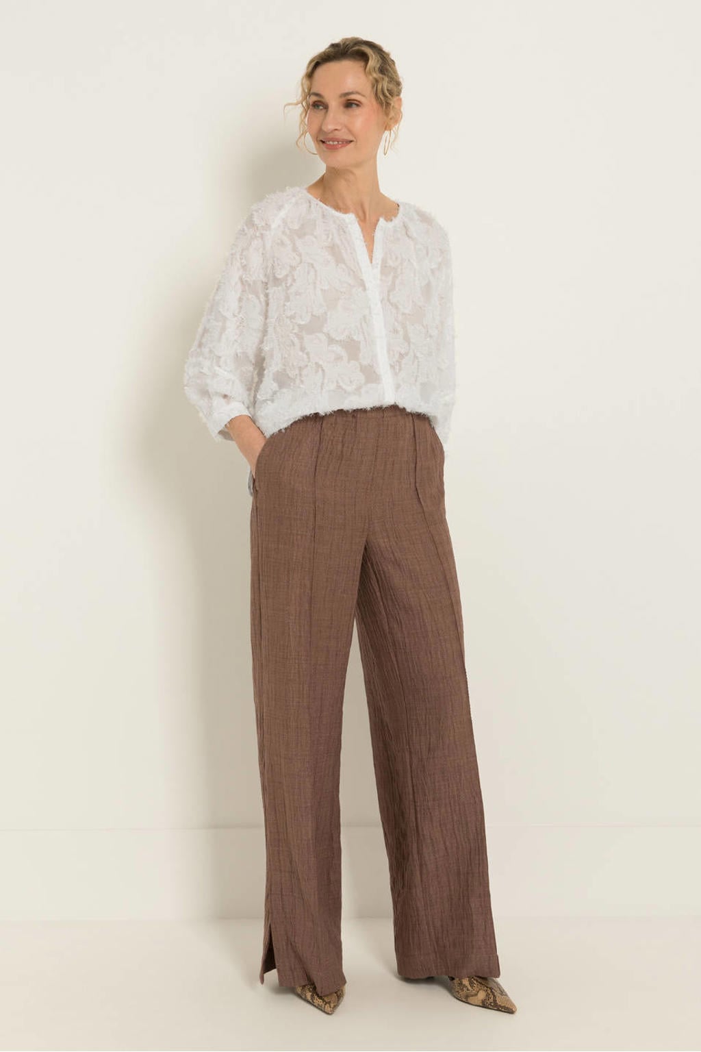Witte dames CLAUDIA BY CLAUDIA STRÄTER blouse van polyester met effen, driekwart mouwen, klassieke kraag, knoopsluiting en jacquard