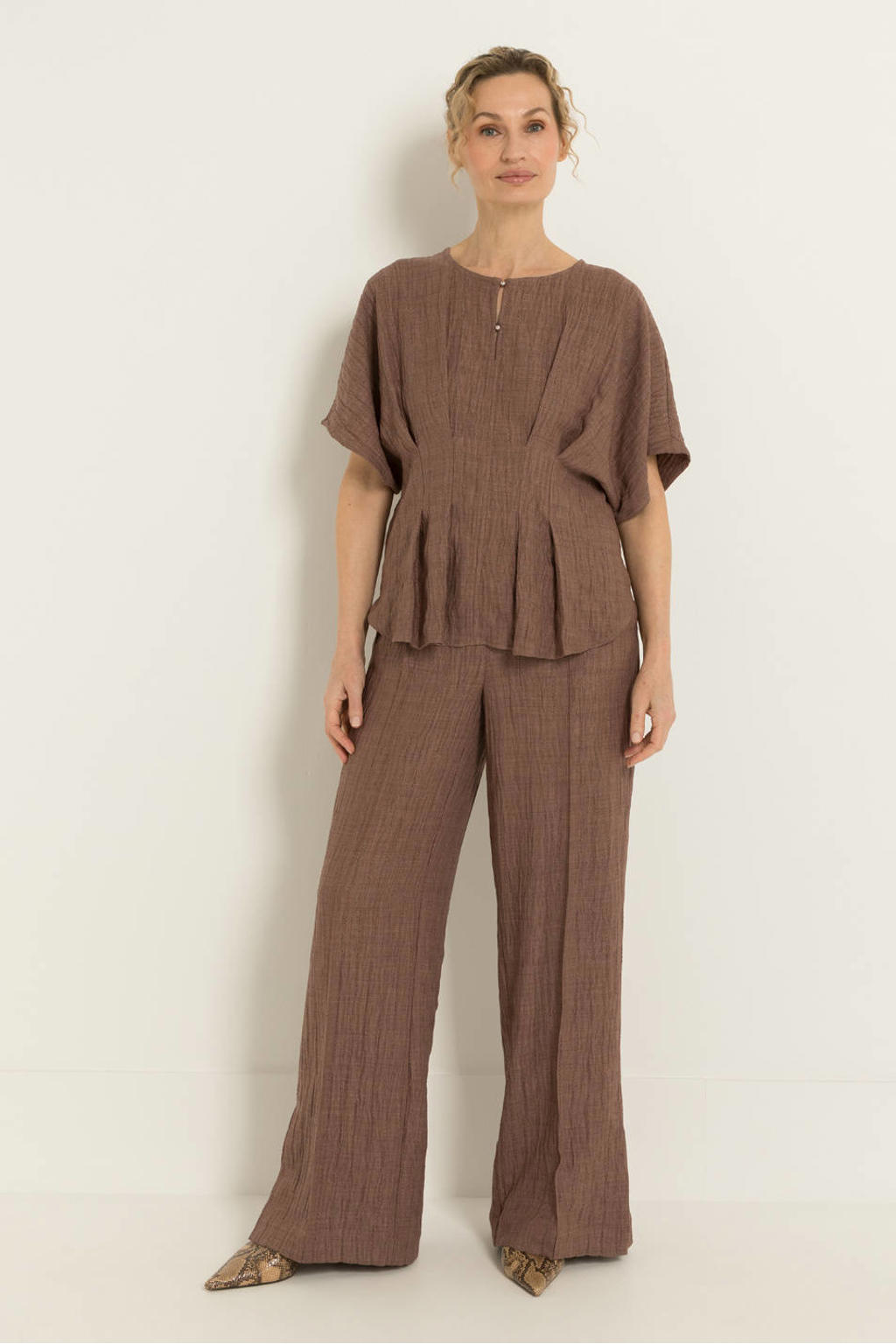 Bruine dames CLAUDIA BY CLAUDIA STRÄTER wide leg regular waist broek met effen
