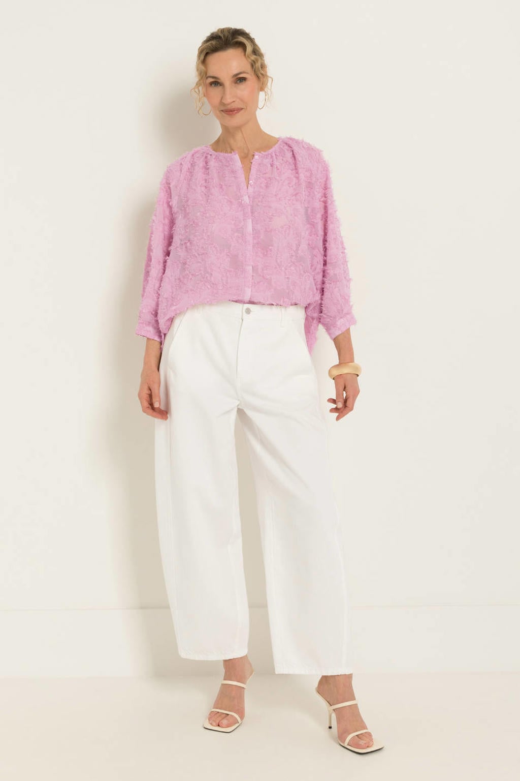 Lichtroze dames CLAUDIA BY CLAUDIA STRÄTER blouse van polyester met effen, driekwart mouwen, klassieke kraag, knoopsluiting en jacquard