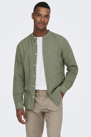 slim casual overhemd met linnen olijfgroen