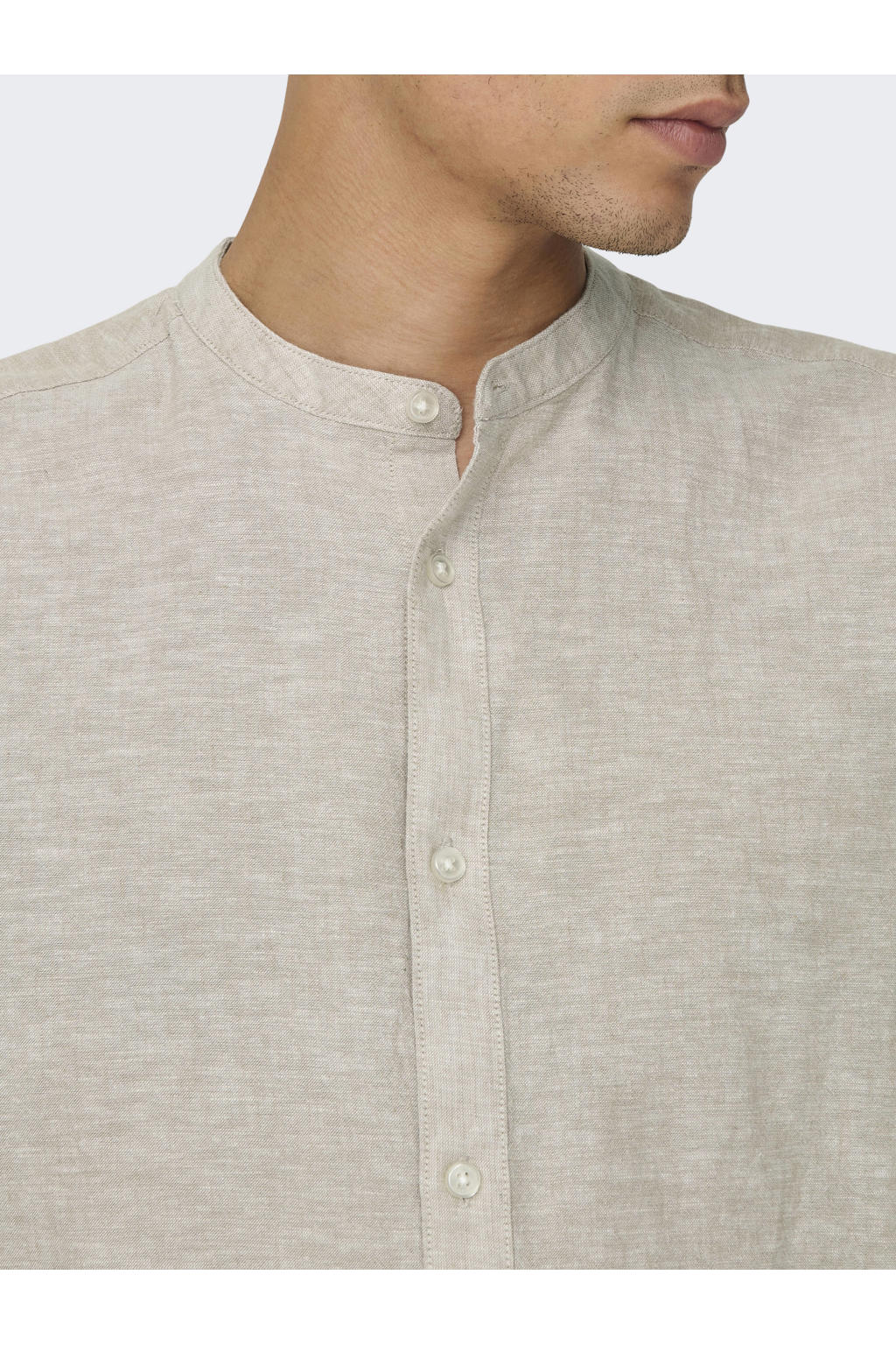 Beige heren ONLY & SONS slim casual overhemd van katoenlinnen met melée print, lange mouwen, mao kraag en geweven detail