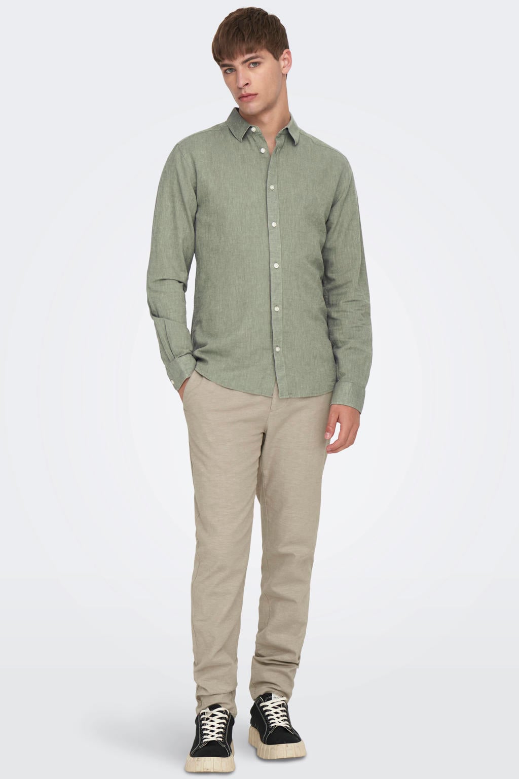Groene heren ONLY & SONS slim casual overhemd met effen, lange mouwen en klassieke kraag