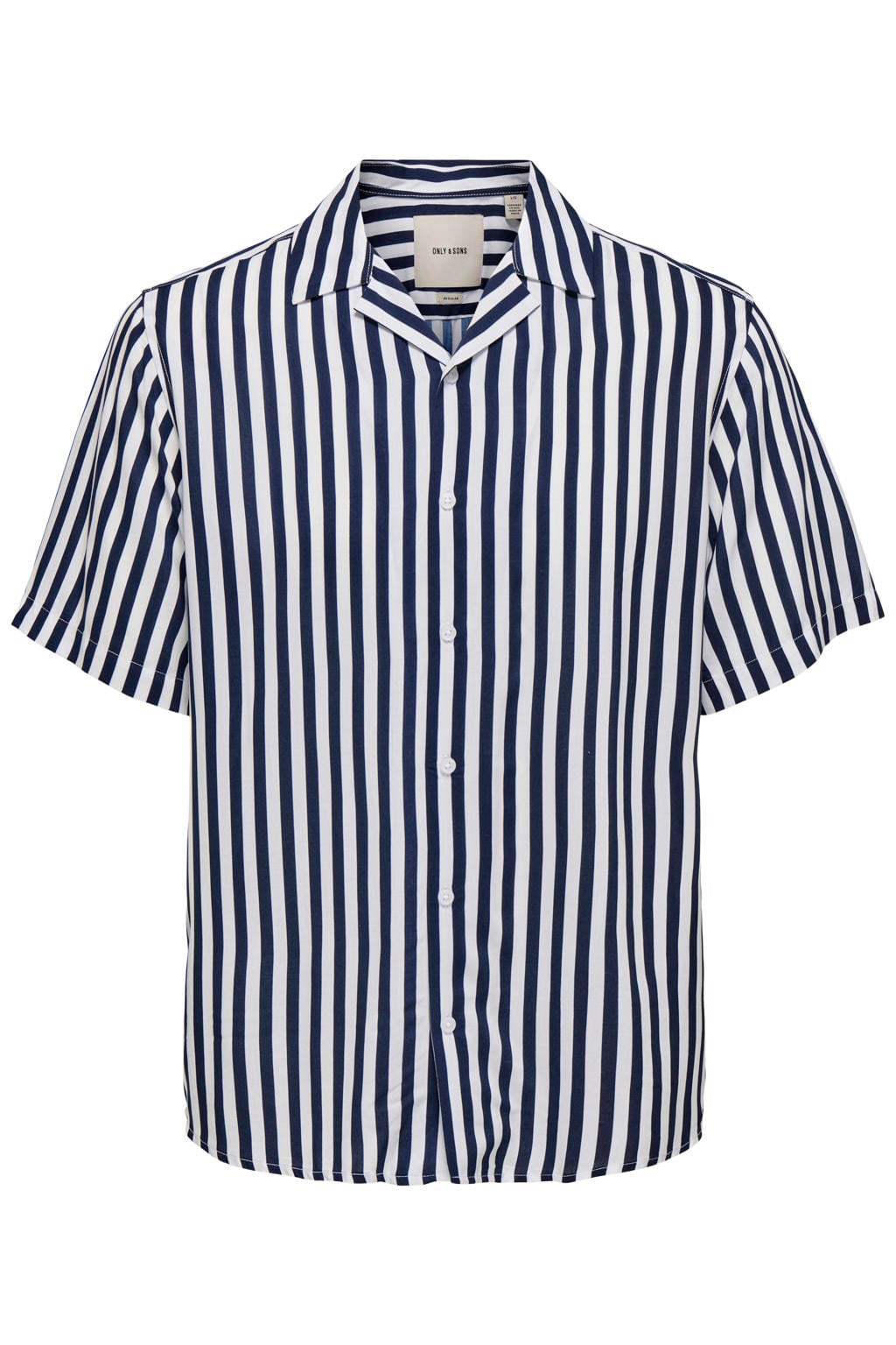 Donkerblauwe heren ONLY & SONS regular casual overhemd van viscose met strepenprint, korte mouwen, reverskraag en knoopsluiting