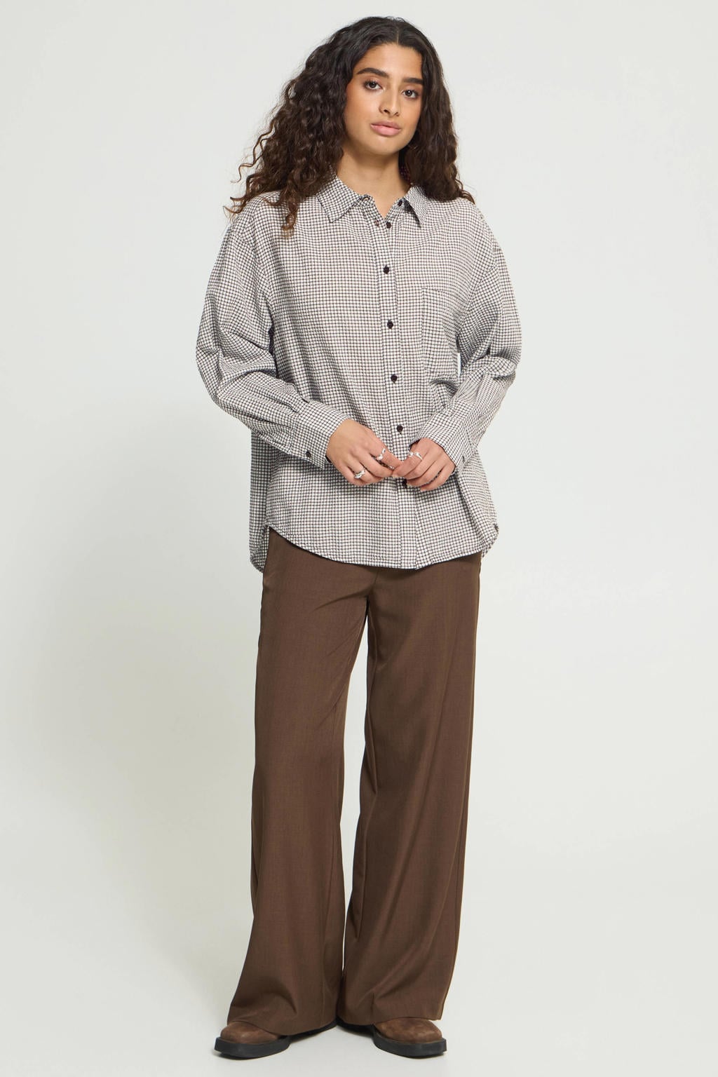 ICHI geruite blouse - bruin