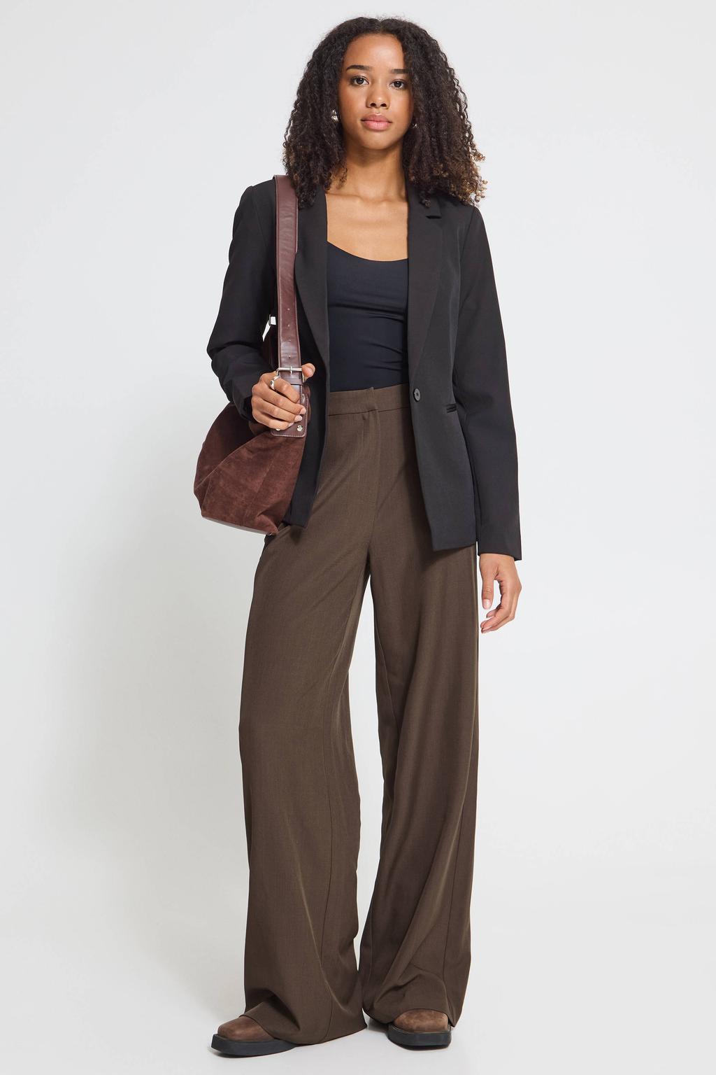 Bruine dames ICHI wide leg broek met high waist, rits- en knoopsluiting en effen