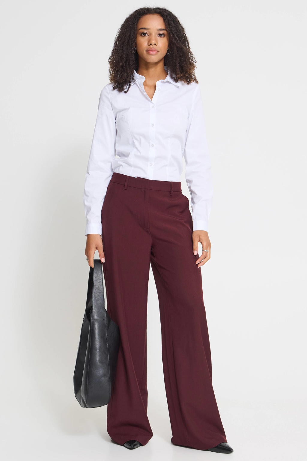 Donkerrode dames ICHI high waist wide leg broek met rits- en knoopsluiting en effen
