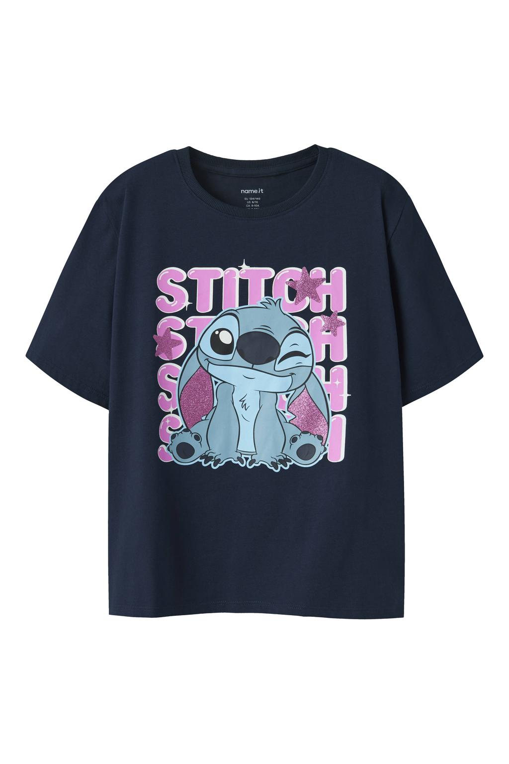 Donkerblauwe meisjes NAME IT KIDS Lilo & Stitch regular fit T-shirt van katoen met korte mouwen en ronde hals